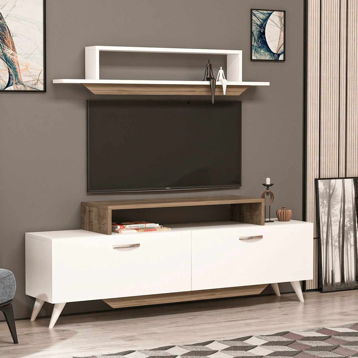 Komodë TV Hanah Home, Harmony, e bardhë dhe arre