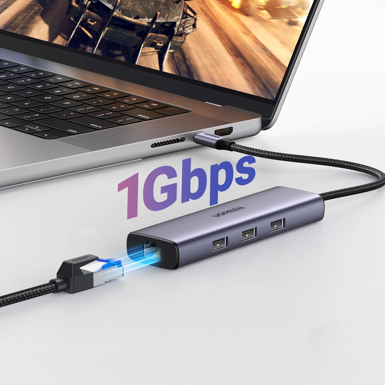 HUB Ugreen CM512 15598 6in1 USB-C, 3x USB-A 3.0, HDMI, RJ45, USB-C PD, Gri