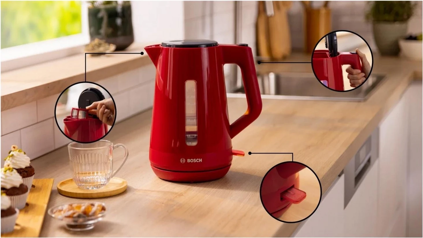 Çajnik Bosch TWK1M124, 1.7L, 2400W, i kuq