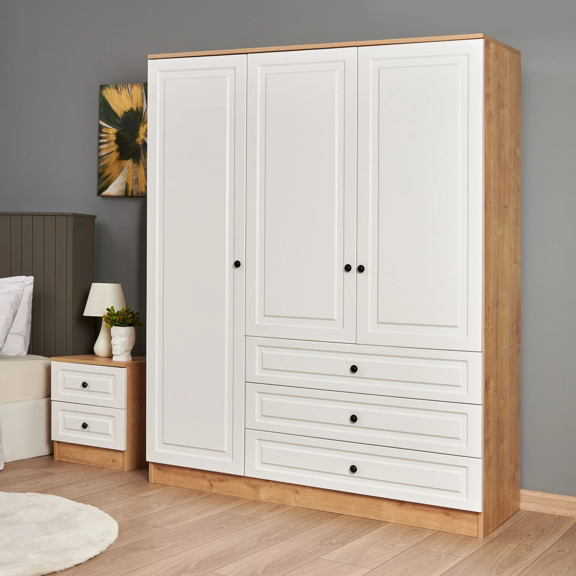 Dollap për dhomë gjumi, ngjyrë lis safir dhe e zezë, Skye Decor, Tuvalle 021