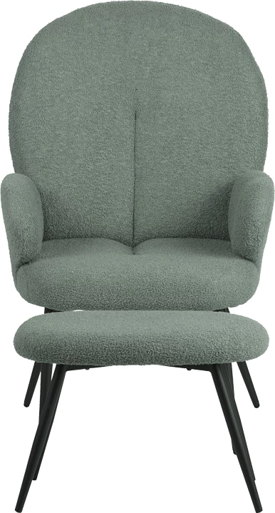 Karrige me këmbë për këmbë Qarar, stof boucle, ngjyrë e gjelbër e çelur, këmbë metalike të zeza, 67.5x67.5x106cm