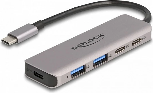 USB hub DeLOCK 5Gbps, USB-C host, 2x USB-A + 2x USB-C, metal, 0.15m, gri
