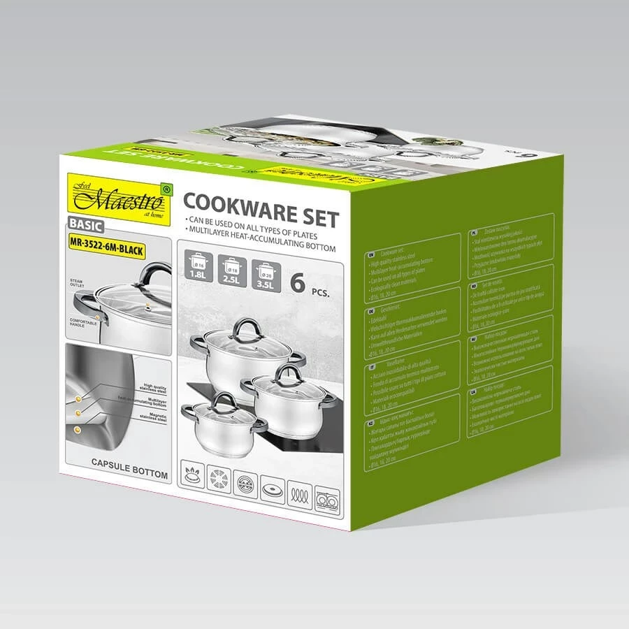 Set tenxheresh Maestro MR-3522-6M, 6 pjesë, çelik inoks, kapak xhami, argjendtë