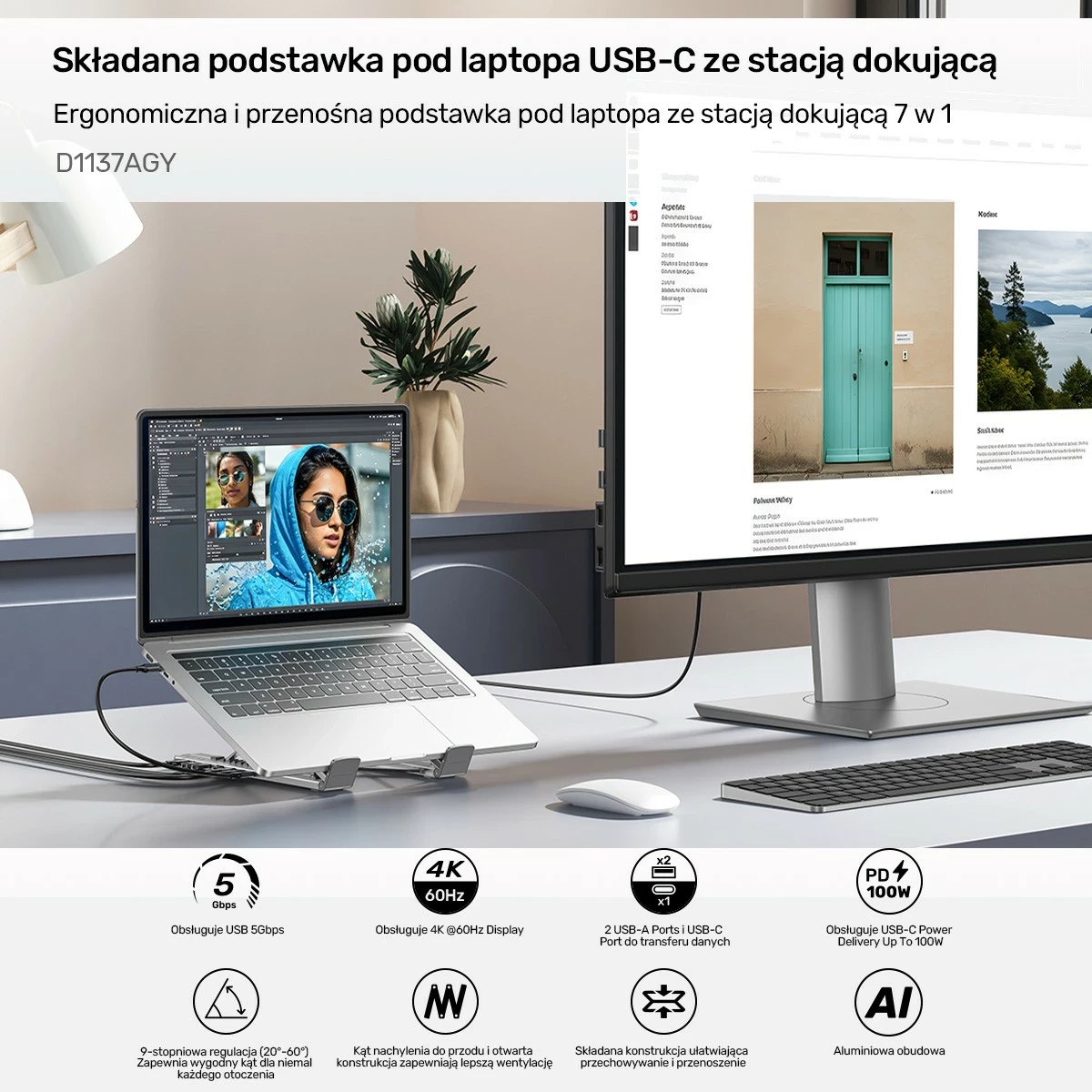 Kasë laptopi Unitek, me hub HDMI/PD/SD, e rregullueshme, ngjyrë argjendtë