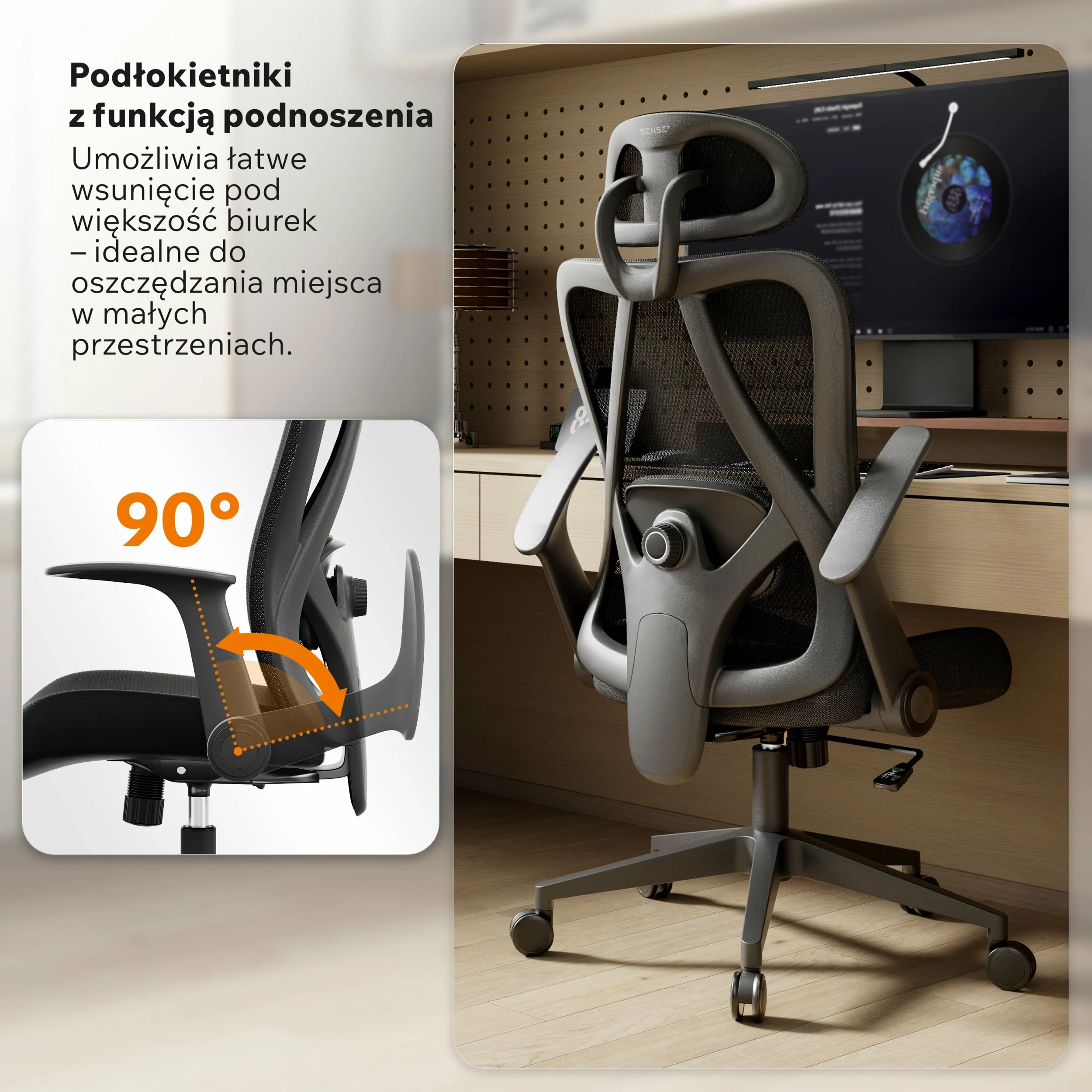Karrige zyre SENSE7 Noxo, rrjetë, krahë 2D të rregullueshëm, mbështetëse koke e rregullueshme, 150 kg, e zezë