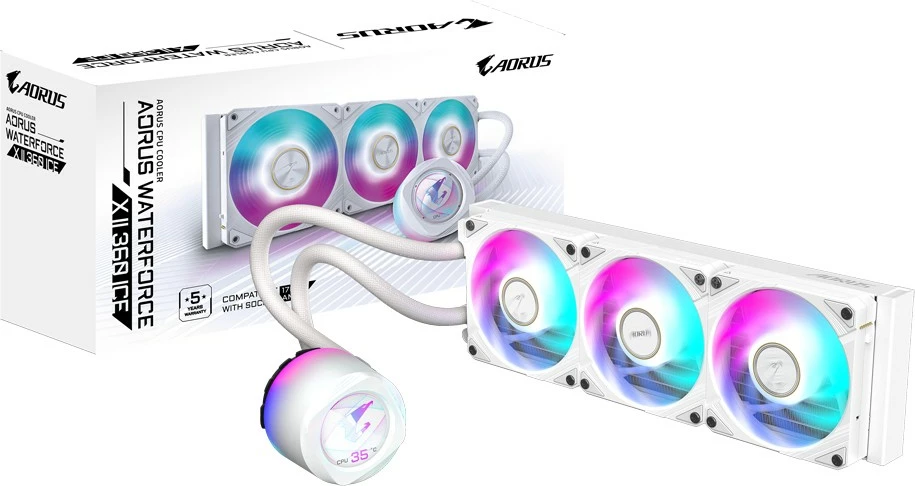 Ftohës uji Gigabyte AORUS WATERFORCE X II 360 ICE, 3x120mm ARGB, LCD, për Intel LGA 1851 dhe AMD AM5, i bardhë