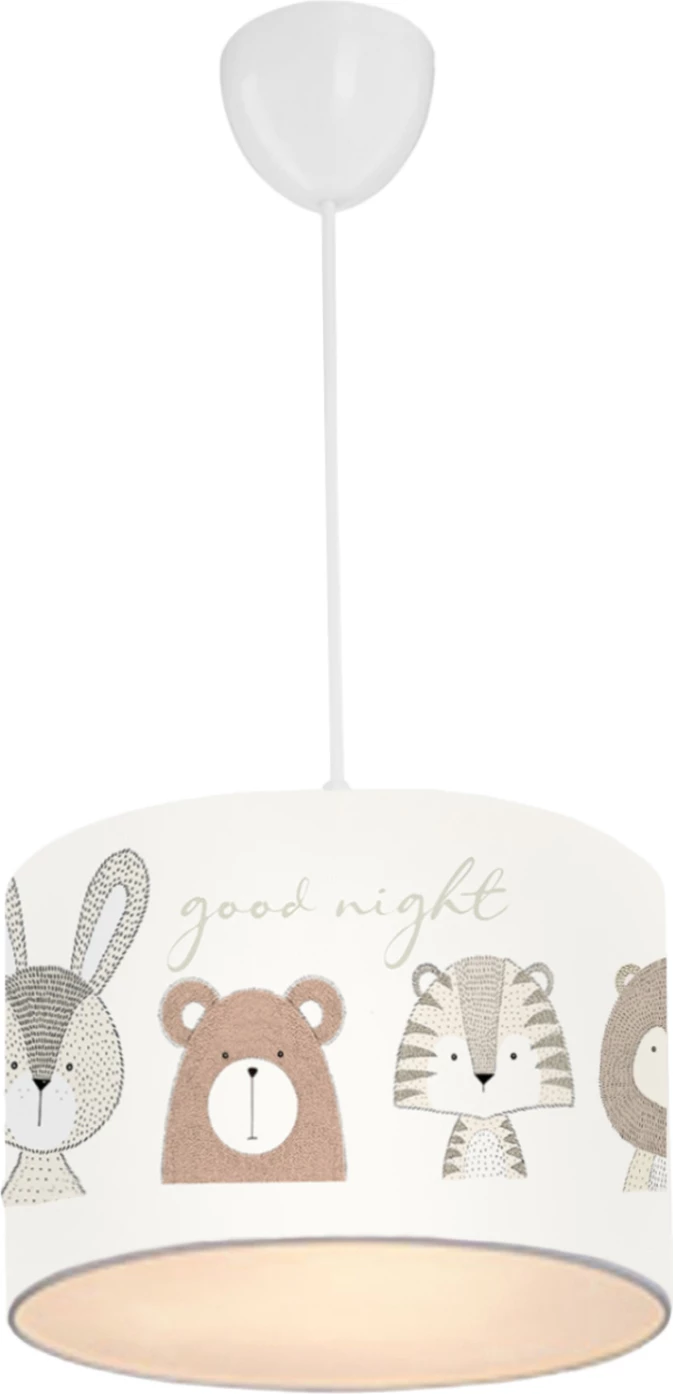 Llambë tavani për dhomën e fëmijëve, FB97576.01, kapak cilindrik, pëlhurë e bardhë me figura kafshësh të lezetshme, Φ24x70cm