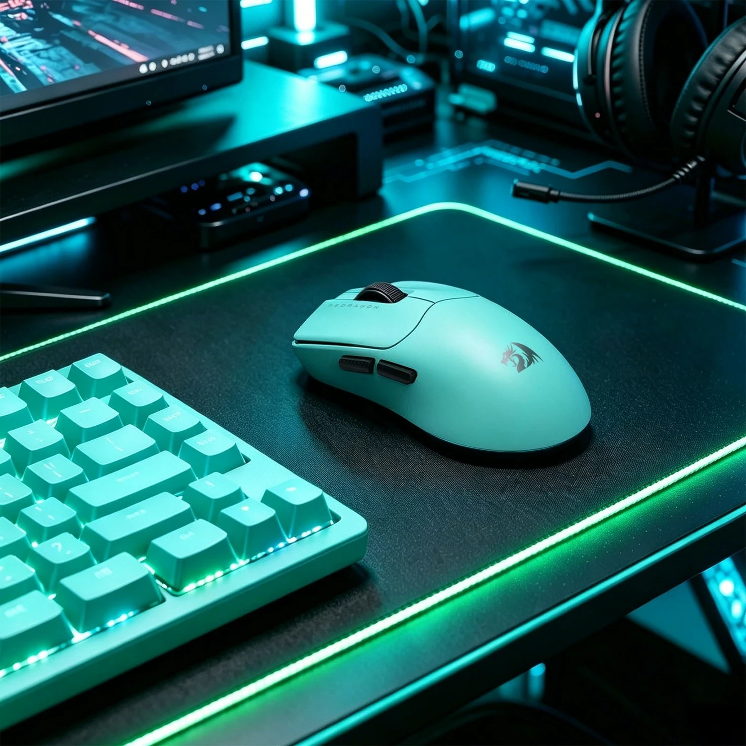 Maus gaming Redragon Axion M933, wireless Bluetooth/2.4G + USB-C, 45000 DPI, 60 g, turkiz