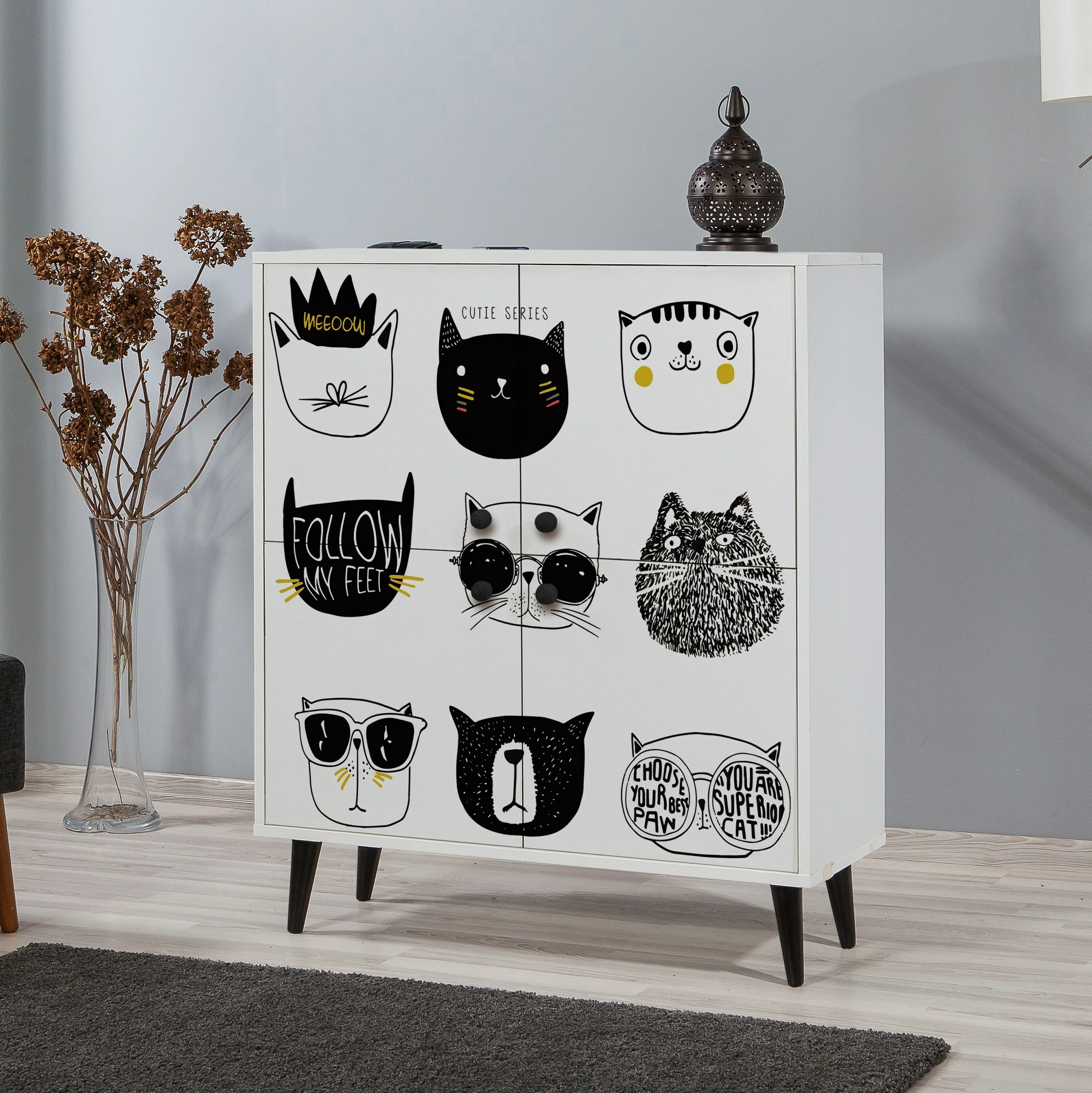 Dollap multifunksional Hanah Home, Multilüx Cats, i bardhë, i zi, i verdhë