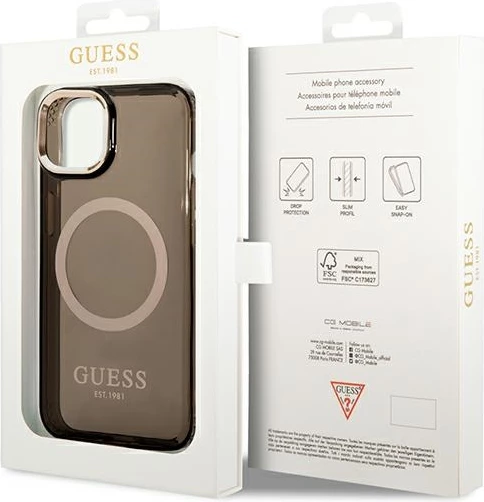 Mbështjellës Guess Gold Outline Translucent MagSafe për iPhone 14 Plus 6.7", i zi/me të artë