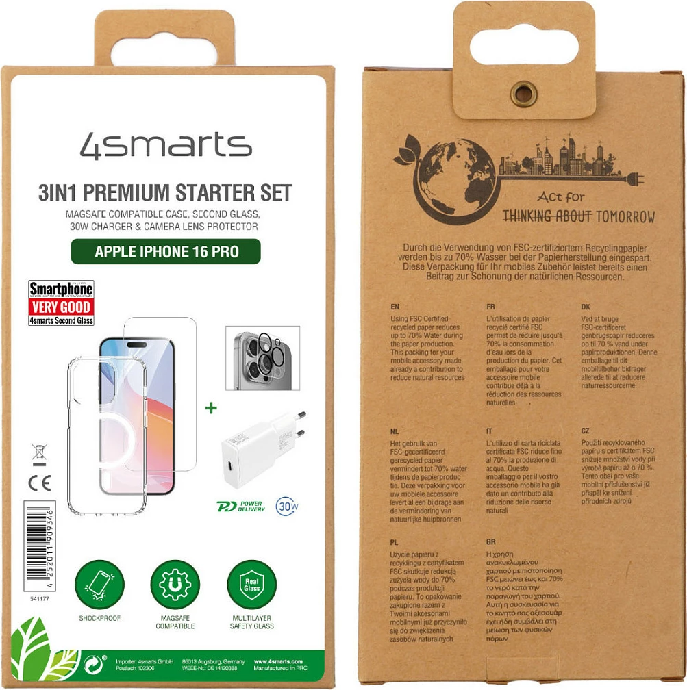 Set 3-në-1 për iPhone 16 Pro 4smarts, mbështjellës MagSafe, xham mbrojtës 9H, karikues 30W, transparent/bardhë