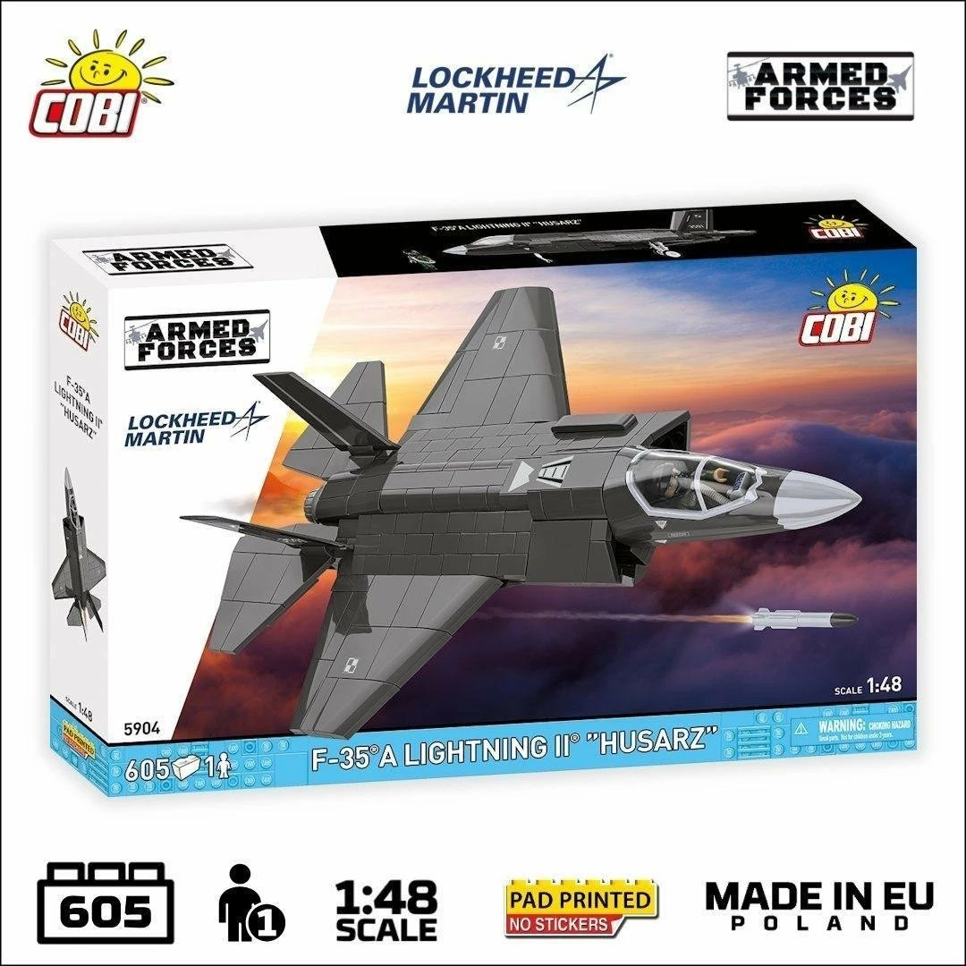Set kockash ndërtimi Cobi 5904 F-35A Lightning II "Husarz" 605 pjesë, 1:48, 9+, me 1 figurë piloti, gri