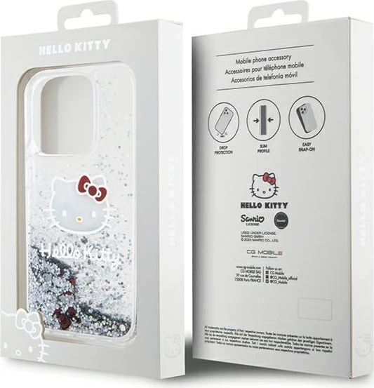Mbështjellës Hello Kitty Liquid Glitter Charms Kitty Head për iPhone 13 Pro Max, argjendtë
