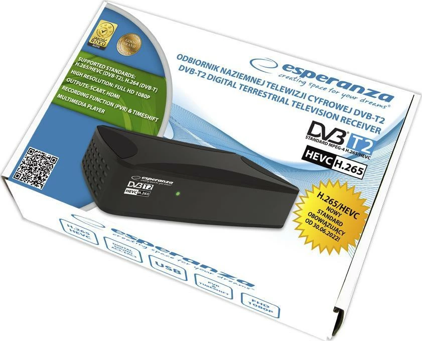 Tuner TV Esperanza EV108 DVB-T2 Full HD H.265/HEVC HDMI USB SCART, i zi