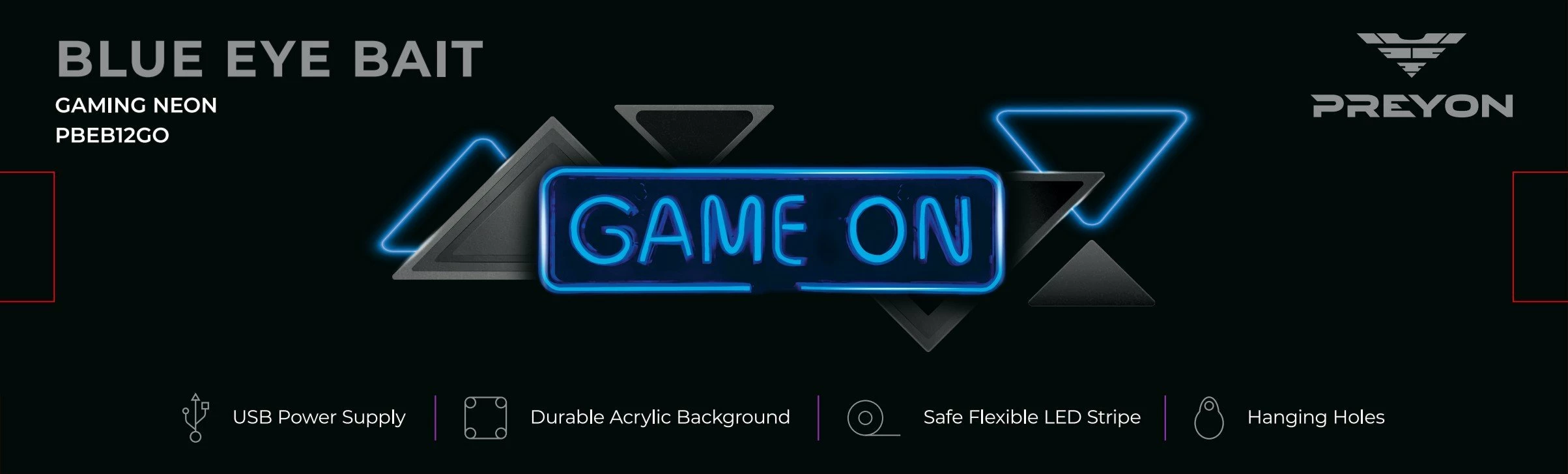 Dritë neon LED muri PREYON Blue Eye Bait "Game On" 40 x 12 cm, USB (PBEB12GO), blu
