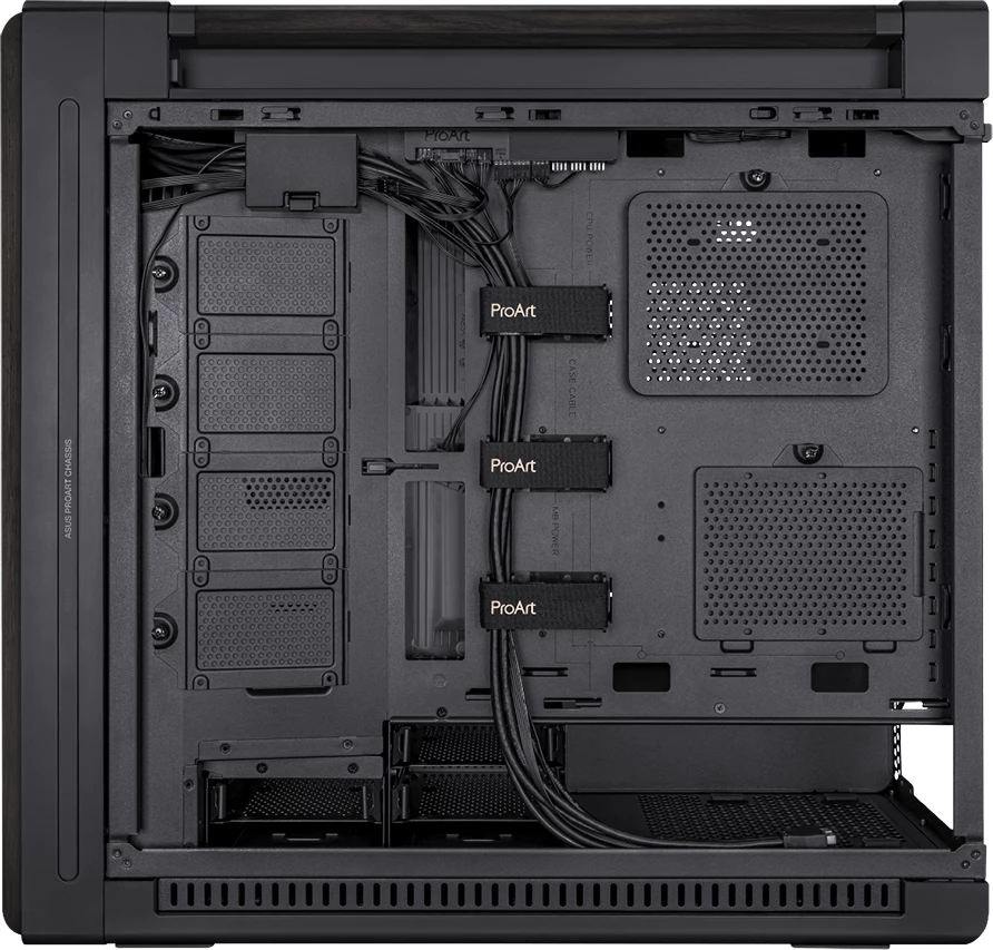 Kasë ASUS ProArt PA602 Wood Edition E-ATX, mbështetje radiator 420mm, USB-C 20Gbps, 3 ventilatorë të instaluar, e zezë