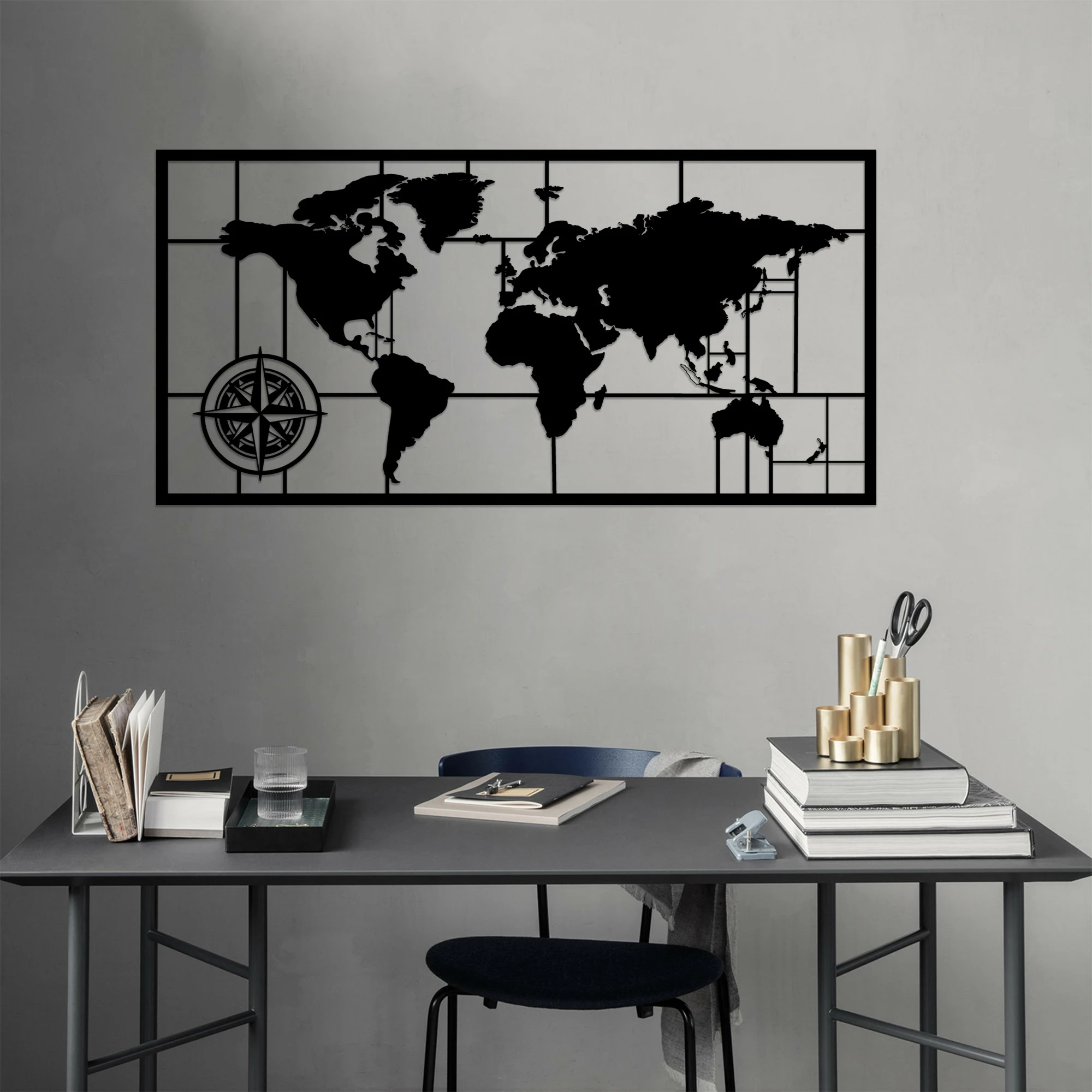 Aksesor dekorativ muri prej metali, hartë bote, Wallity, ngjyrë e zezë, 121x60cm