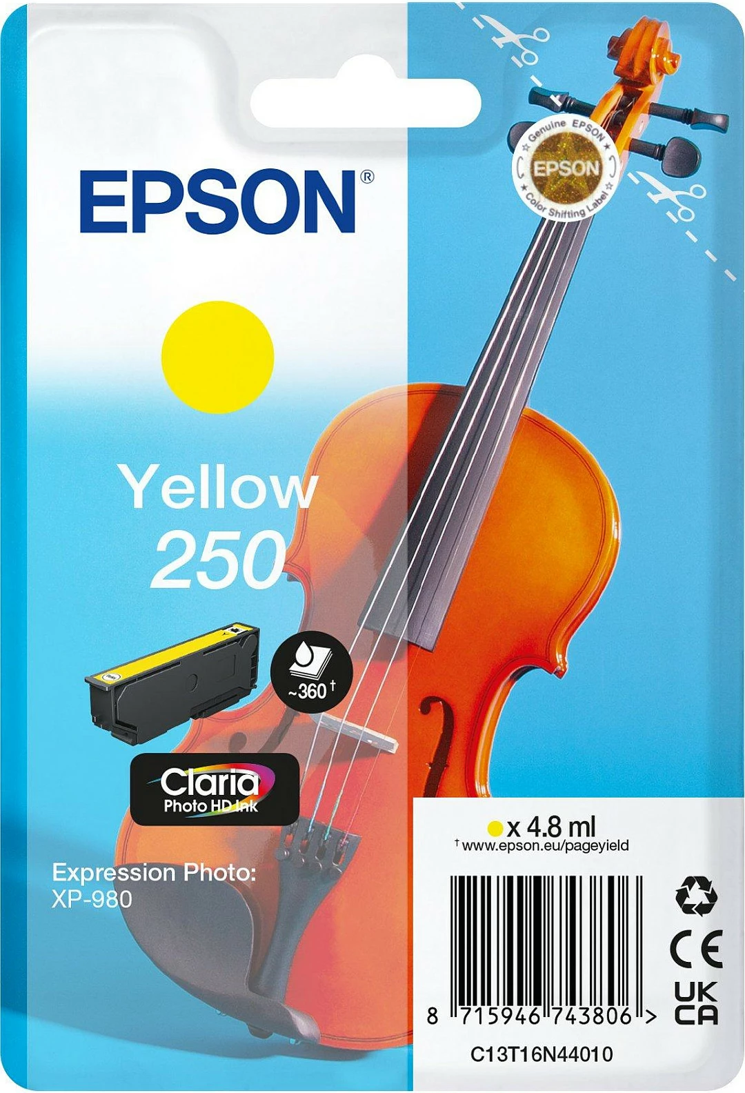 Kartrixh boje Epson 250, Yellow, 4.8ml, për Epson Expression Photo XP-980