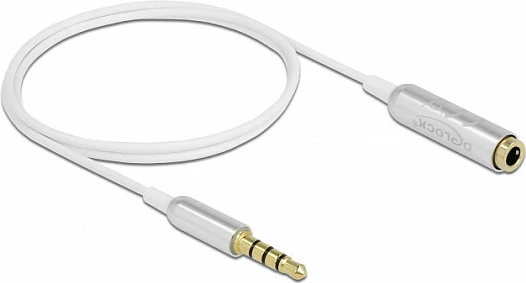 Kabllo zgjatuese audio DeLOCK 3.5mm 4-pin (CTIA) mashkull-në-femër, 0.5 m, ultra slim, e bardhë/argjendtë