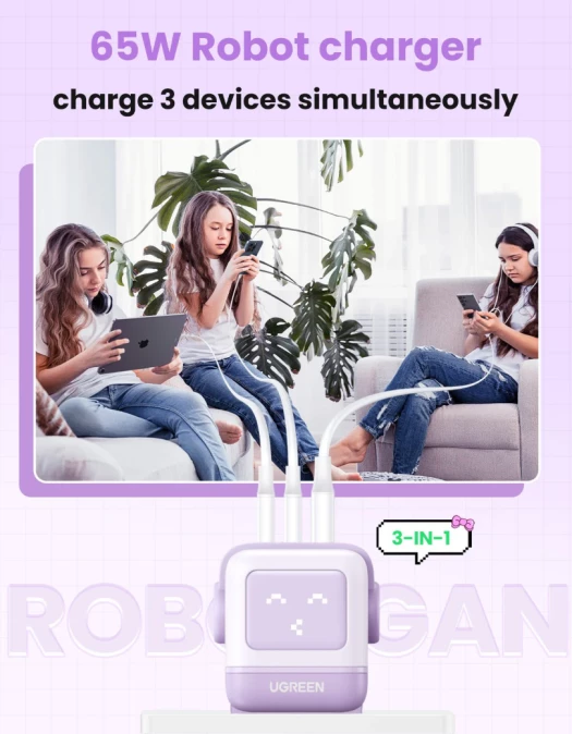 Karikues UGREEN Nexode RobotGaN 65W 35291, 2x USB-C + 1x USB-A, ekran LED, vjollcë