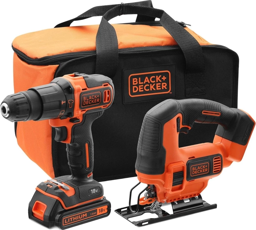 Set stërvitëse/vidhosëse dhe sharrë me bateri, Black&Decker BCK22S1S, 18V, 1.5Ah, portokalli/zi, me çantë