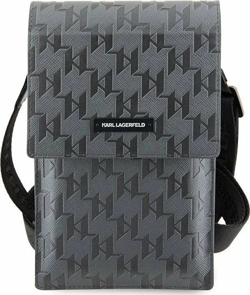 Çantë telefoni Karl Lagerfeld KLWBSAMSMG universal Saffiano Monogram Plaque 18.5x11.5x2 cm, argjend