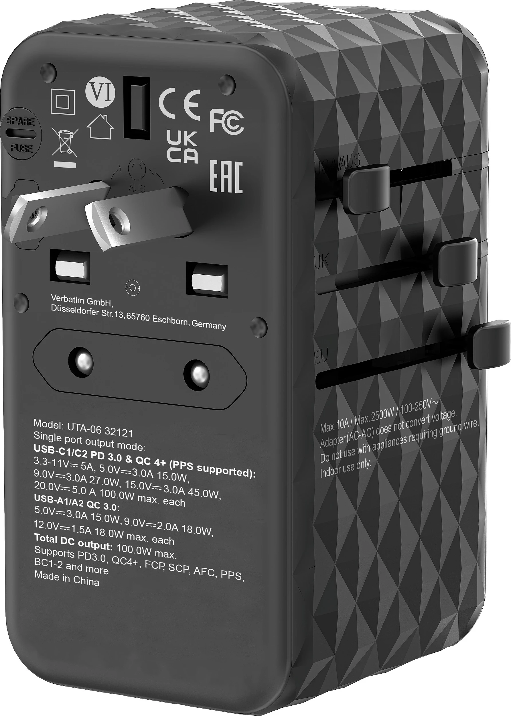Adapter udhëtimi Verbatim UTA-06 GaN III, 100W, 2x USB-C PD, 2x USB-A QC, i zi