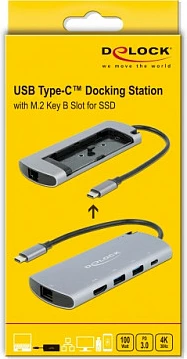 Docking station USB-C DeLOCK me slot M.2, 4K HDMI, 2x USB-A 3.2 Gen1, LAN Gigabit, PD 100W, gri
