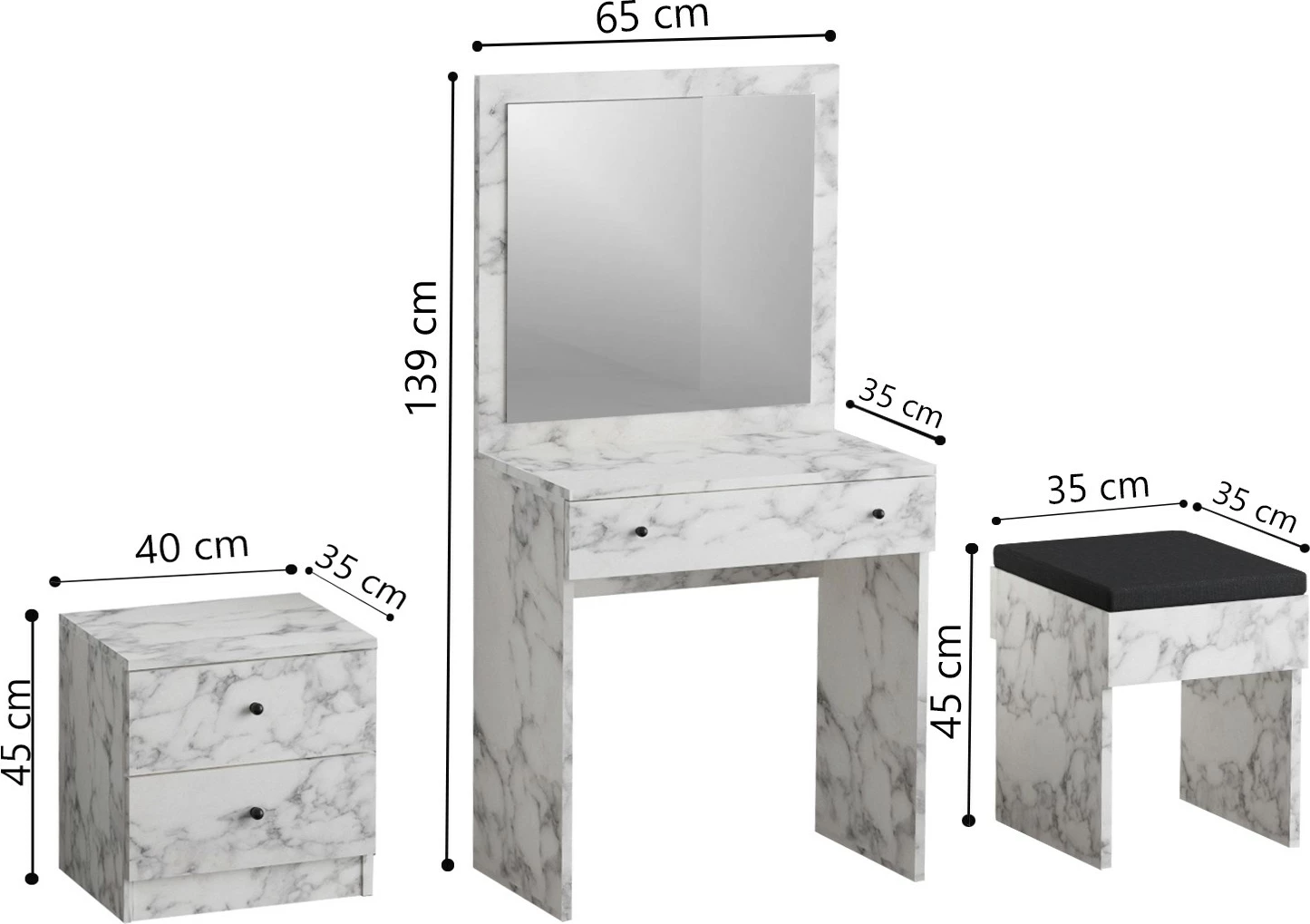 Tavolinë grimi me komodinë e karrige, ngjyrë Carrara Marble, Hanah Home, Nice