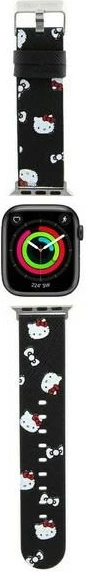 Rrip për Apple Watch Hello Kitty Heads & Bows Pattern, lëkurë ekologjike, i zi, 38/40/41mm