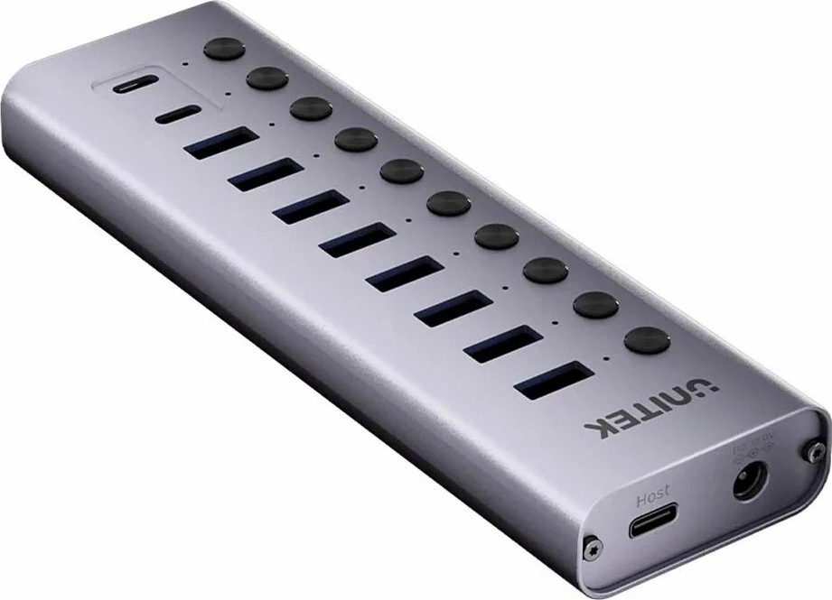 Hub USB Unitek H1315B01-EU 10-në-1, 2x USB-C + 8x USB-A 3.0, 5Gbps, me adapter 12V/3A, argjendtë