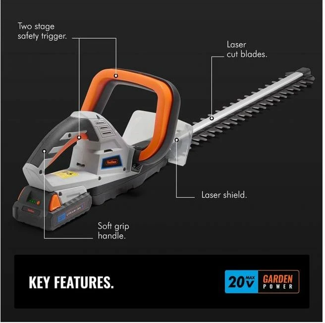 Trimer me bateri për gardh VONHAUS G-Series MPN 2515067 20V MAX 1.5Ah, teh 51 cm, prerje deri 15 mm, gri/portokalli, set me bateri+karikues+mbrojtës tehu