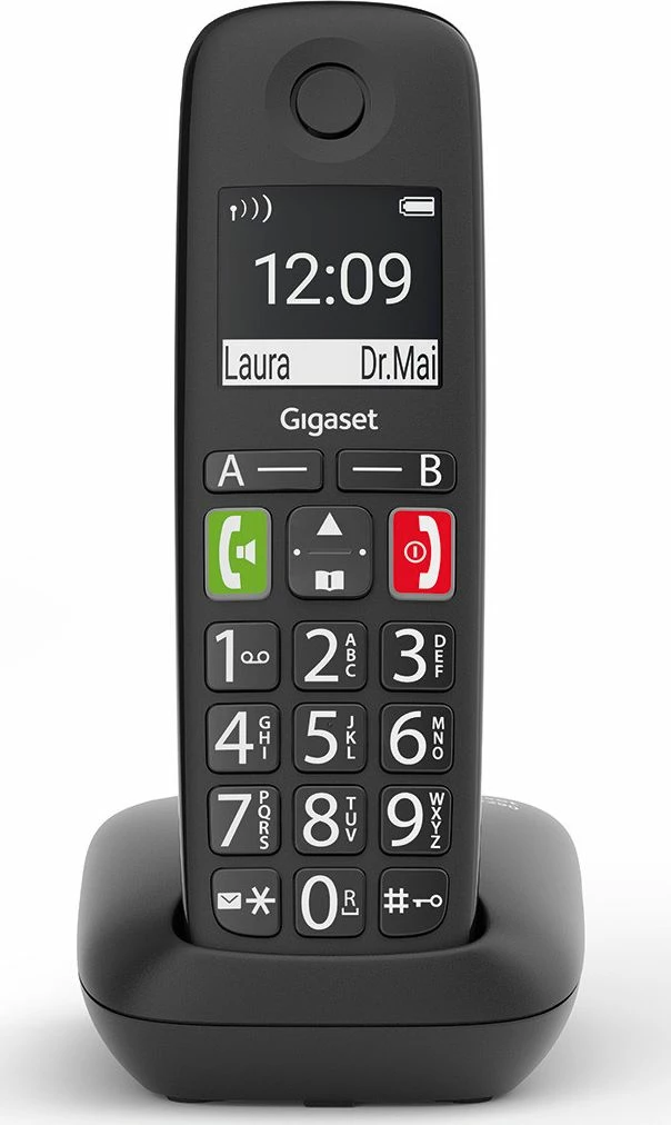 Telefon fiks pa kabllo Gigaset E290 me sekretar automatik, libër telefoni 150 kontakte, ekran i ndriçuar, i zi, set me 1 dëgjues dhe bazë