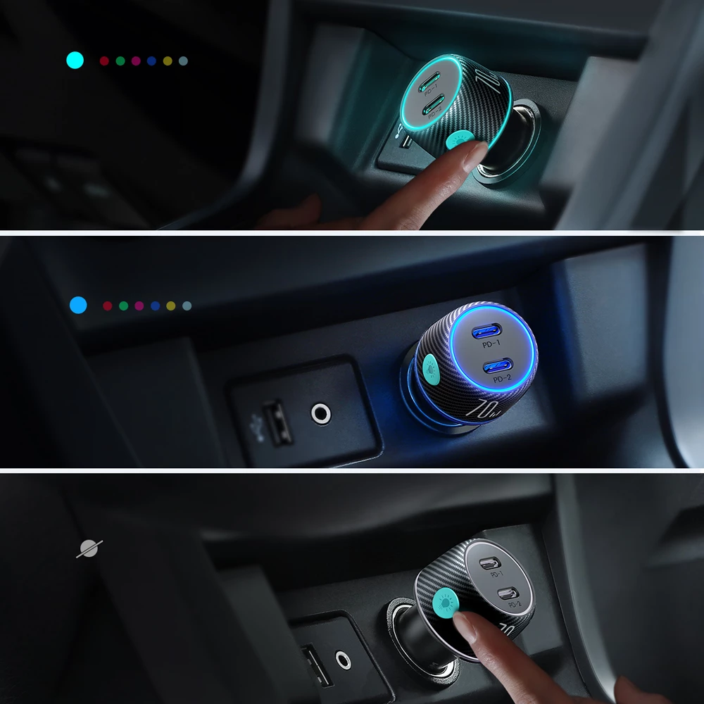 Karikues veture Joyroom JR-CCN02, 2x USB-C, 70W, me ndriçim LED, i zi