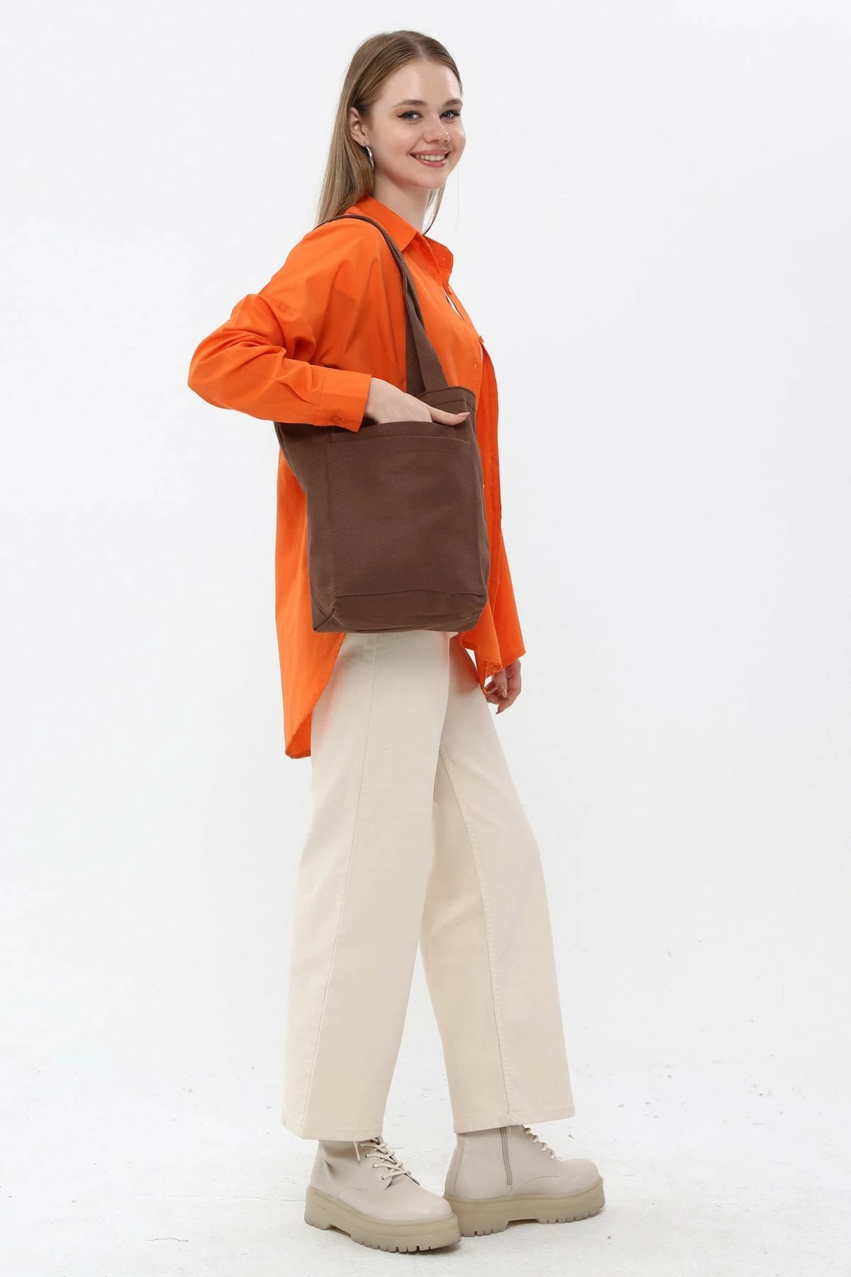 Çantë tote gabardinë, ngjyrë kafe e errët, Zoozie Bags, 33x45x10cm