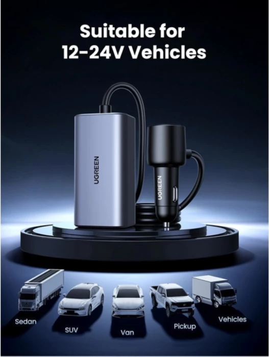 Karikues për veturë UGREEN EC706 (35571) 150W, 4 porta, PD 3.1 140W, GaN, kabllo 1m, gri/zi