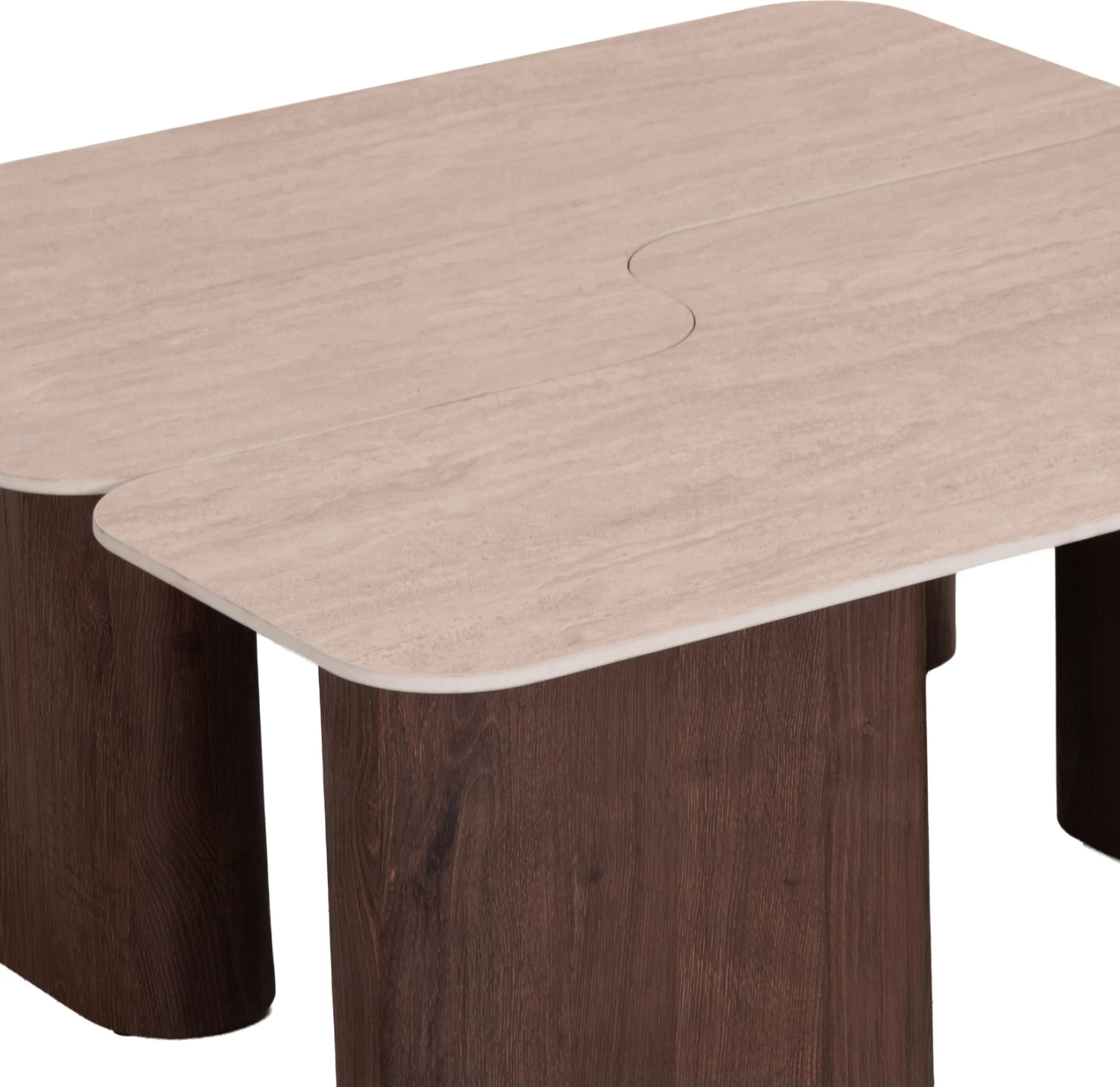 Set tavolina kafeje 2 copë Notte FH18432, sipërfaqe qeramike ngjyrë travertin, këmbë MDF ngjyrë arre, 100x100x43 cm