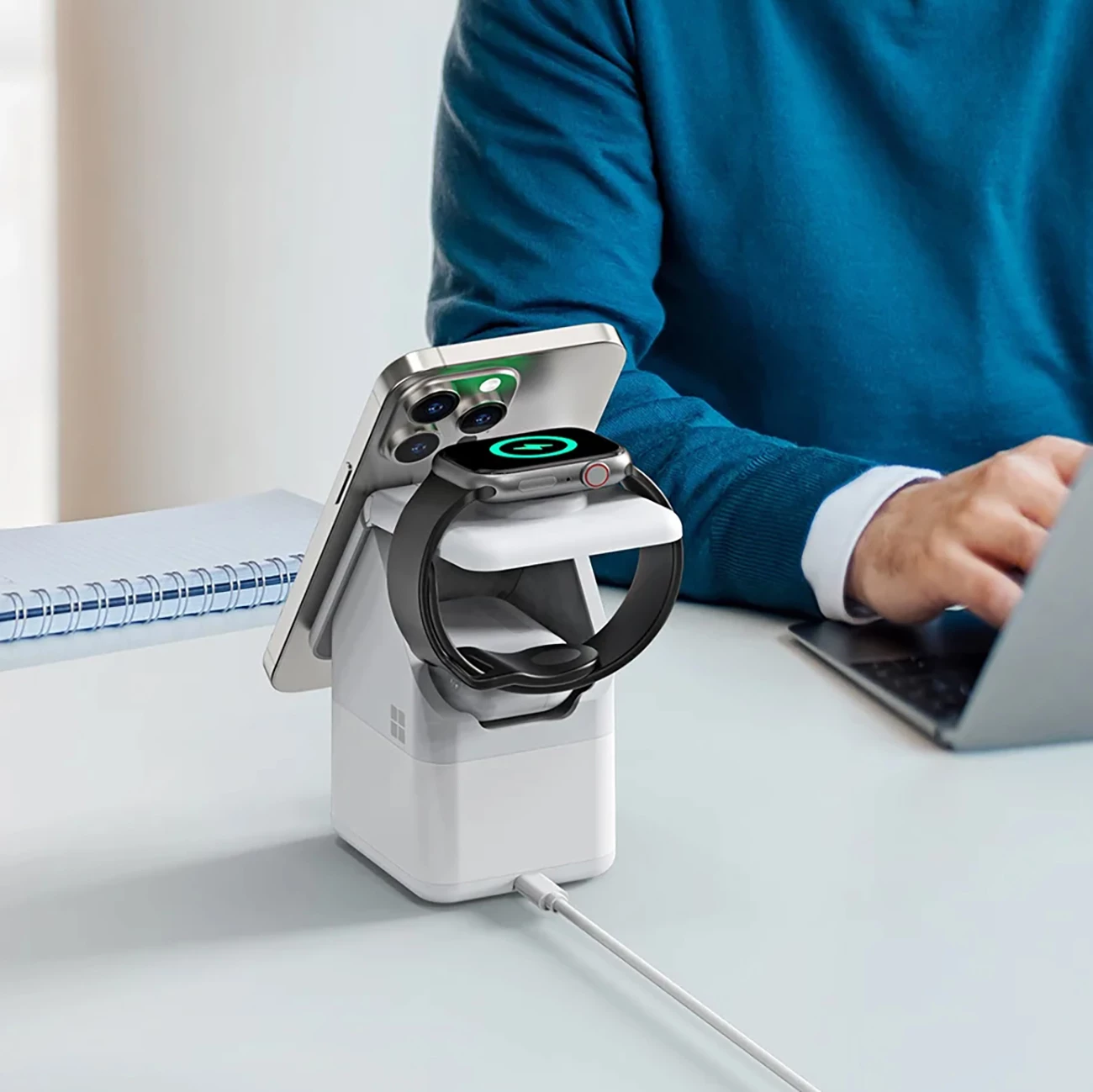 Karikues wireless Duzzona W20 4-në-1 me llambë nate, 15W, për iPhone/Apple Watch/AirPods, Bardhë