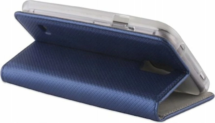 Mbështjellës nemo Magneto për Samsung Galaxy S25, flip me mbyllje magnetike, me stand dhe xhep kartelash, blu navy, set me qelq të kalitur