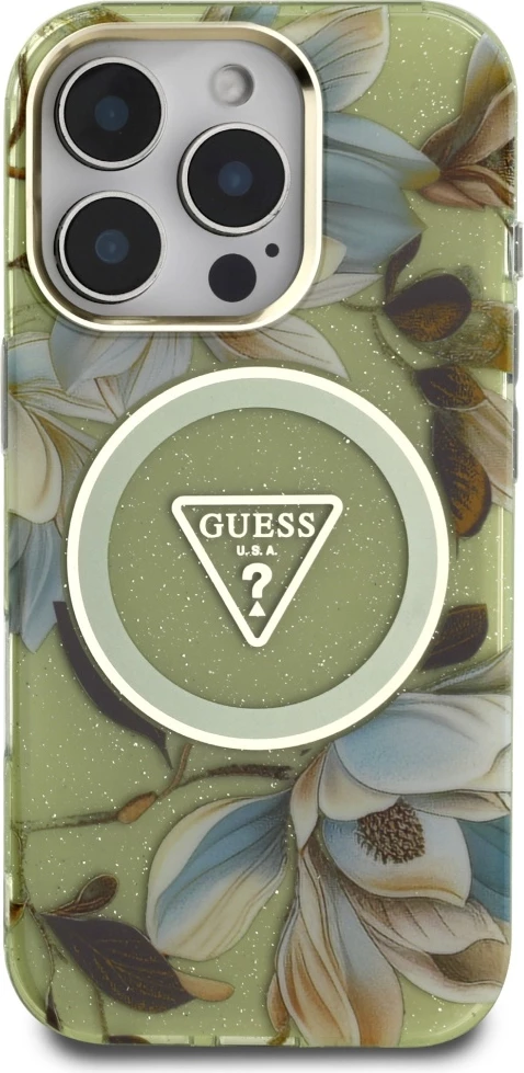 Mbështjellës Guess Glitter Flowers Triangle Buttons MagSafe për iPhone 16 Pro, Gjelbër