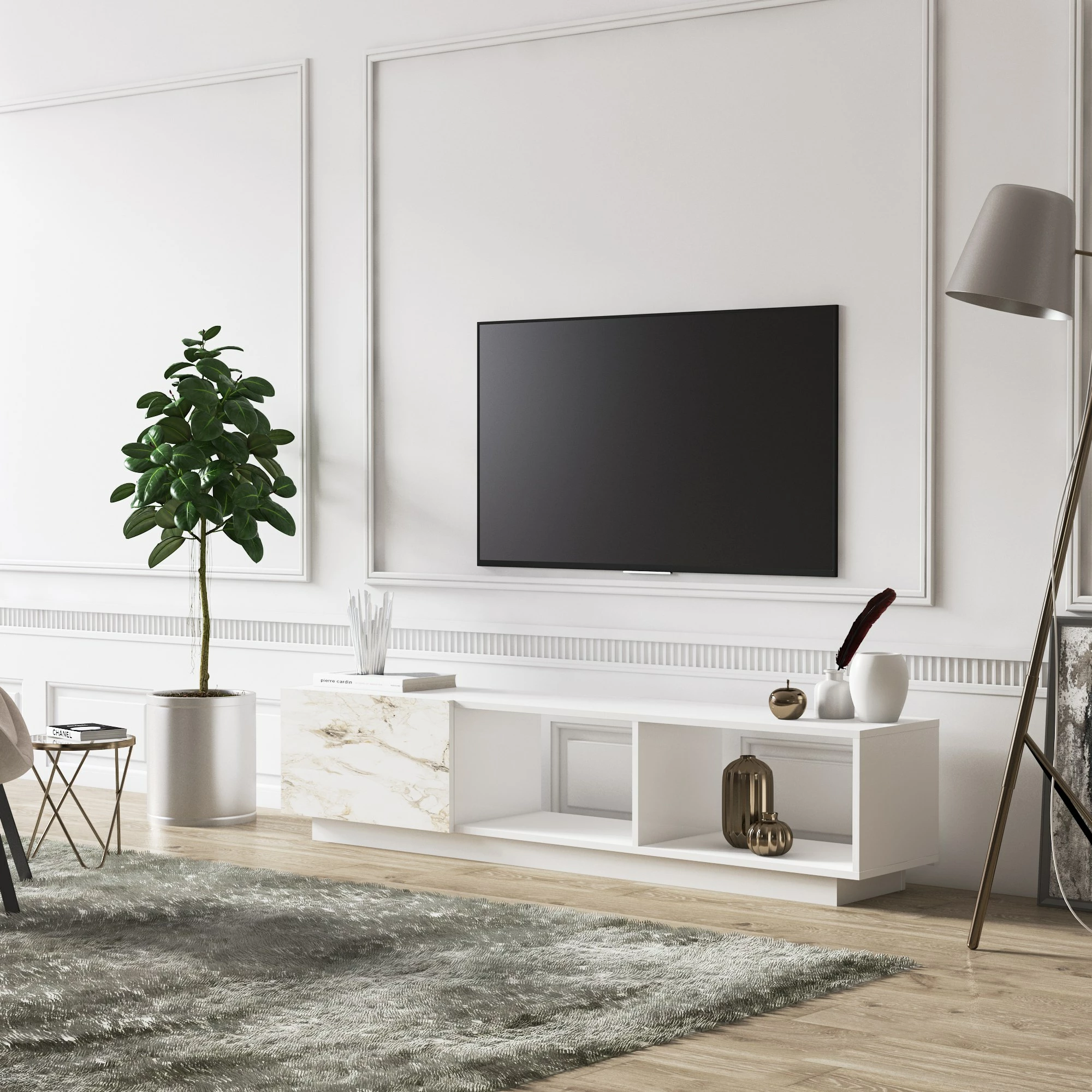 Komodë për TV, Skye Decor, ngjyrë e bardhë, detaje mermeri, Lepando