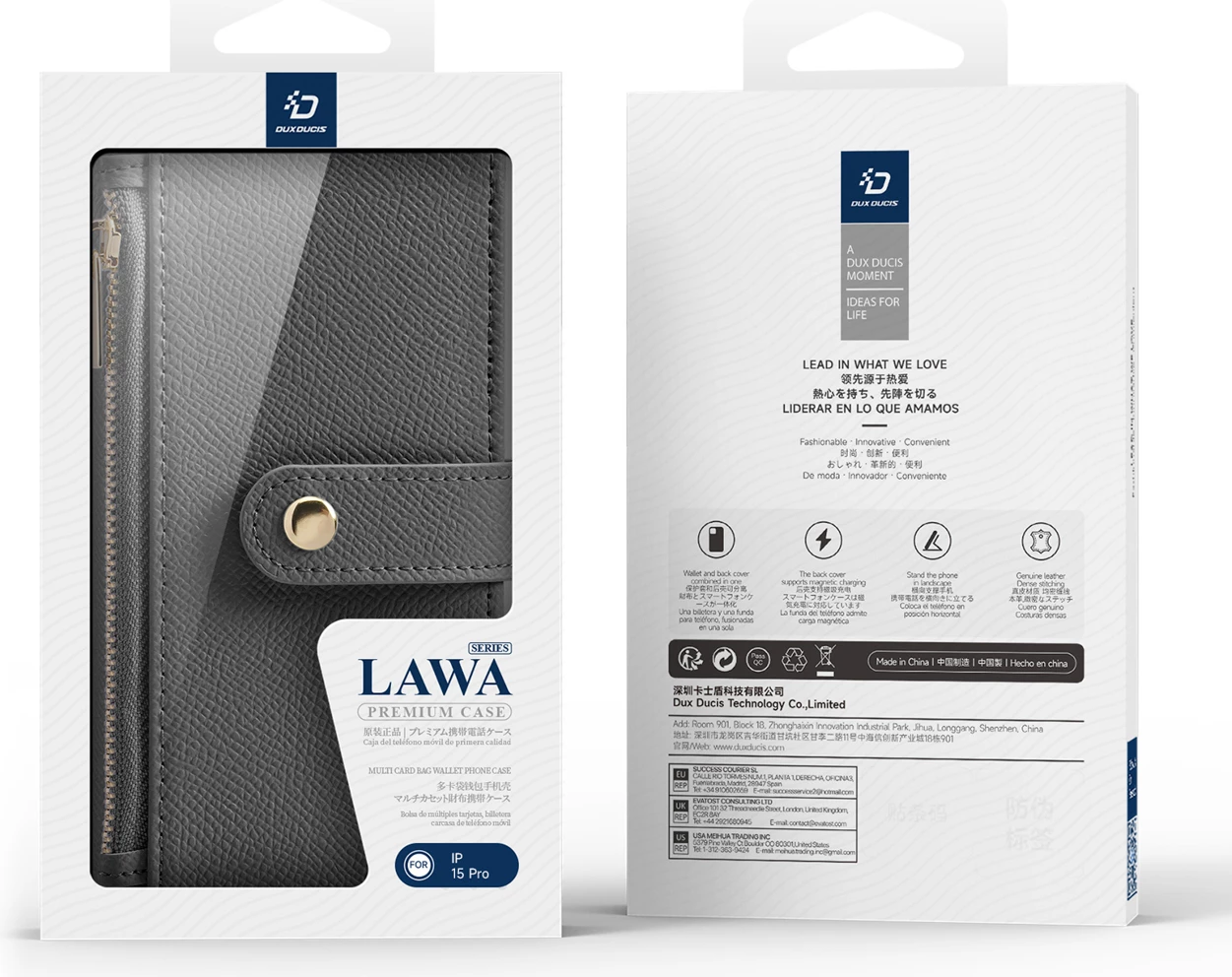 Mbështjellës Dux Ducis Lawa për iPhone 15 Pro, lëkurë, me portofol magnetik, Gri