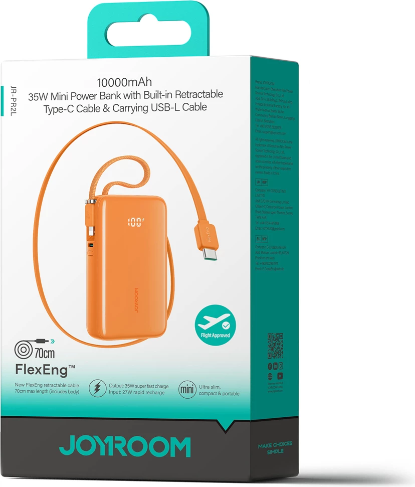 Powerbank Joyroom JR-PR2 10000mAh 35W me kabllo të integrume USB-C dhe Lightning, portokalli