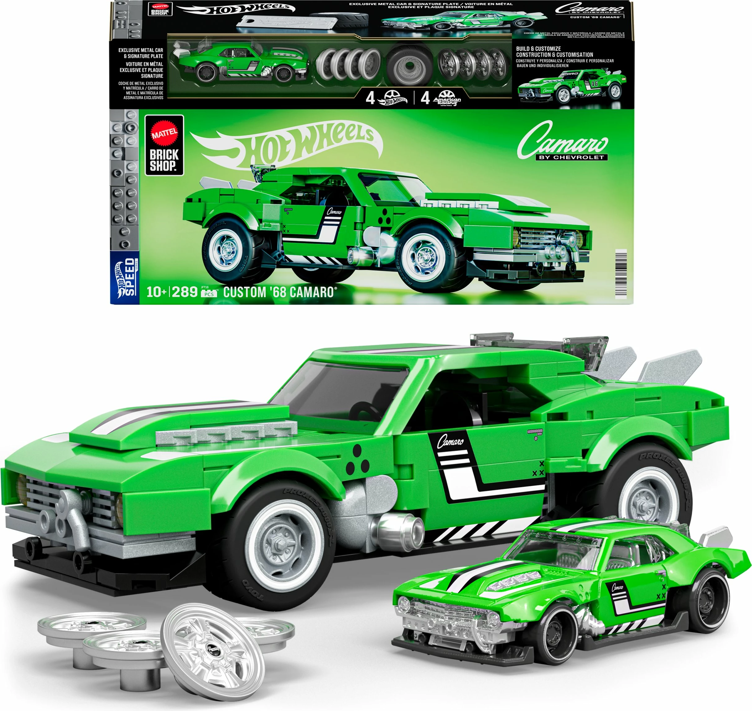 Set blloqesh ndërtimi Mattel Hot Wheels Speed Series Custom '68 Camaro JFT16, 289 pjesë, 1 makinë metalike 1:64, jeshile