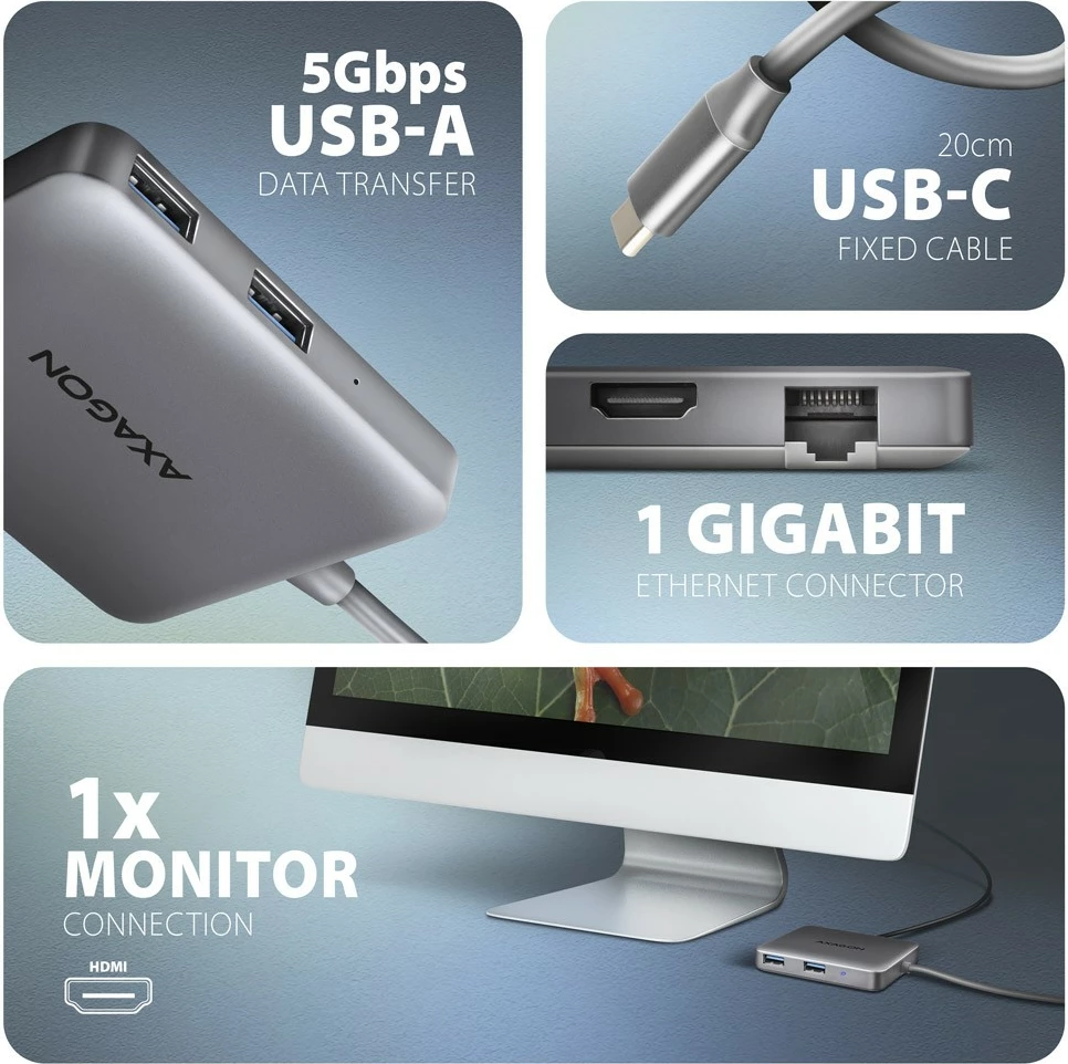Multiport USB-C hub AXAGON HMC-5HL, 5 porte, HDMI 4K/60Hz, GLAN, Power Delivery 100W, Gri