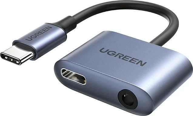 Adapter AV Ugreen CM231 USB-C në 3.5mm + USB-C, PD/QC 30W, gri