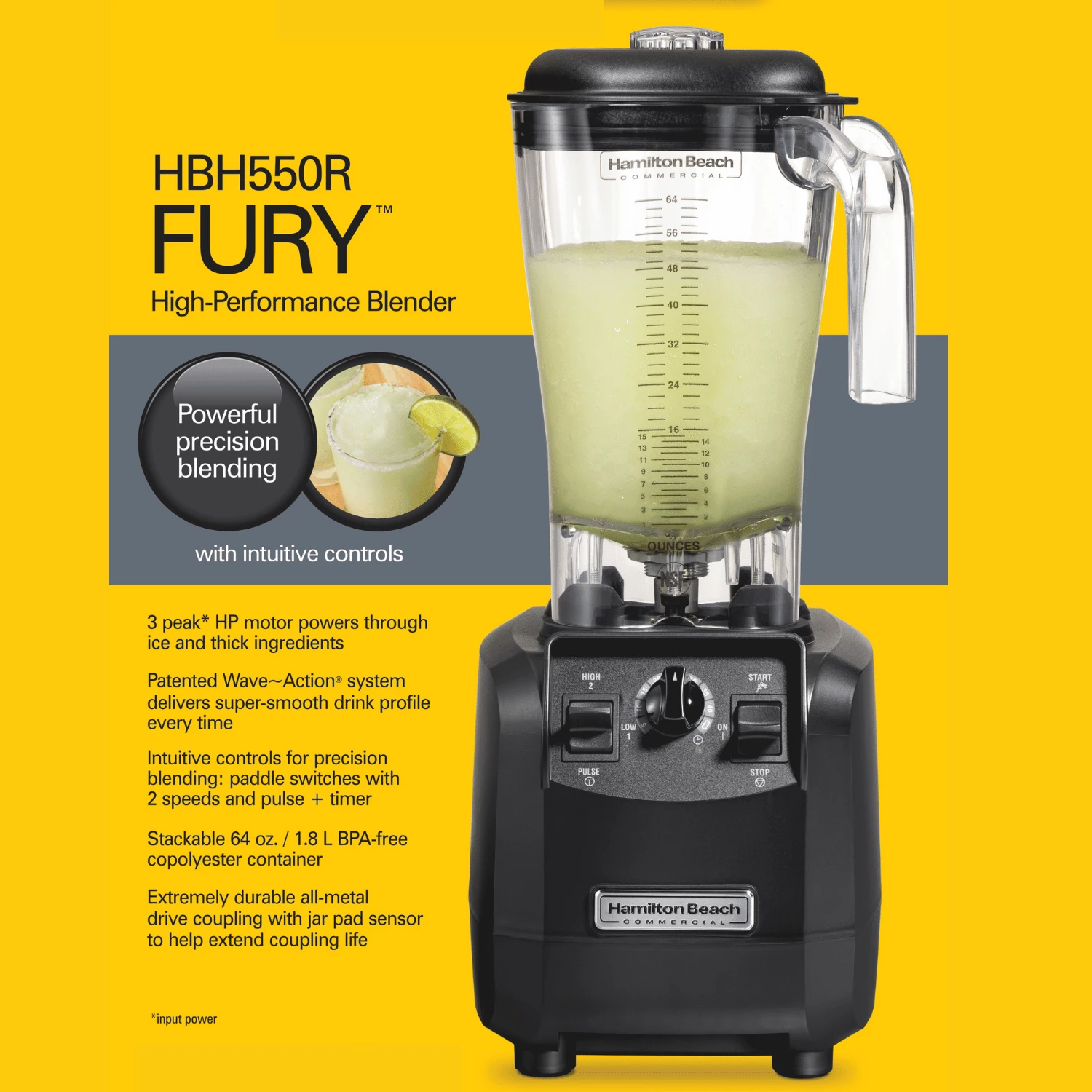 Blender performancë e lartë, Hamilton Beach Commercial Fury, 1.8 L, motor 3 HP, kohëmatës me fikje automatike, kavanoz BPA-free copoliester, 178x203x457 mm, e zezë
