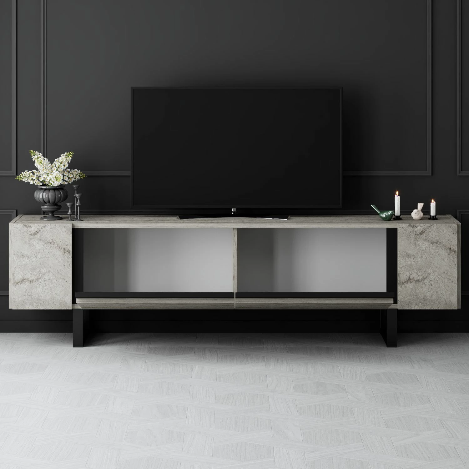 Komodë TV Hanah Home, Yildiz, travertin, e zezë