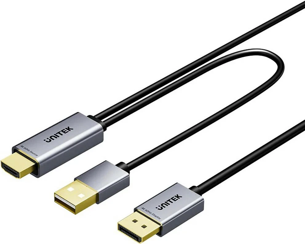Kabllo Unitek HDMI në DisplayPort, 4K 60Hz, HDR, me furnizim USB-A, 1.8 m, e zezë-gri