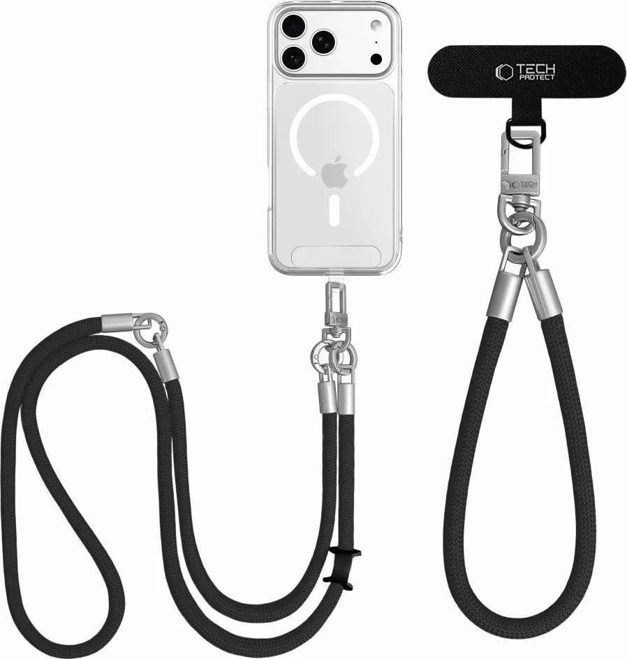Rrip për celular Tech-Protect C10S Rope Crossbody & Wrist 145 cm, zi/titan, set 2 lanyard + 2 adapter